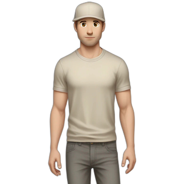 Pale skinned fit Man with dark brown hair in a beige cap, gray jeans, brown polo and white T-shirt keeping a pasted with tape white box into his hands emoji