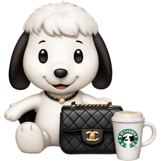 snoopy in a desk with starbucks and his chanel purse emoji