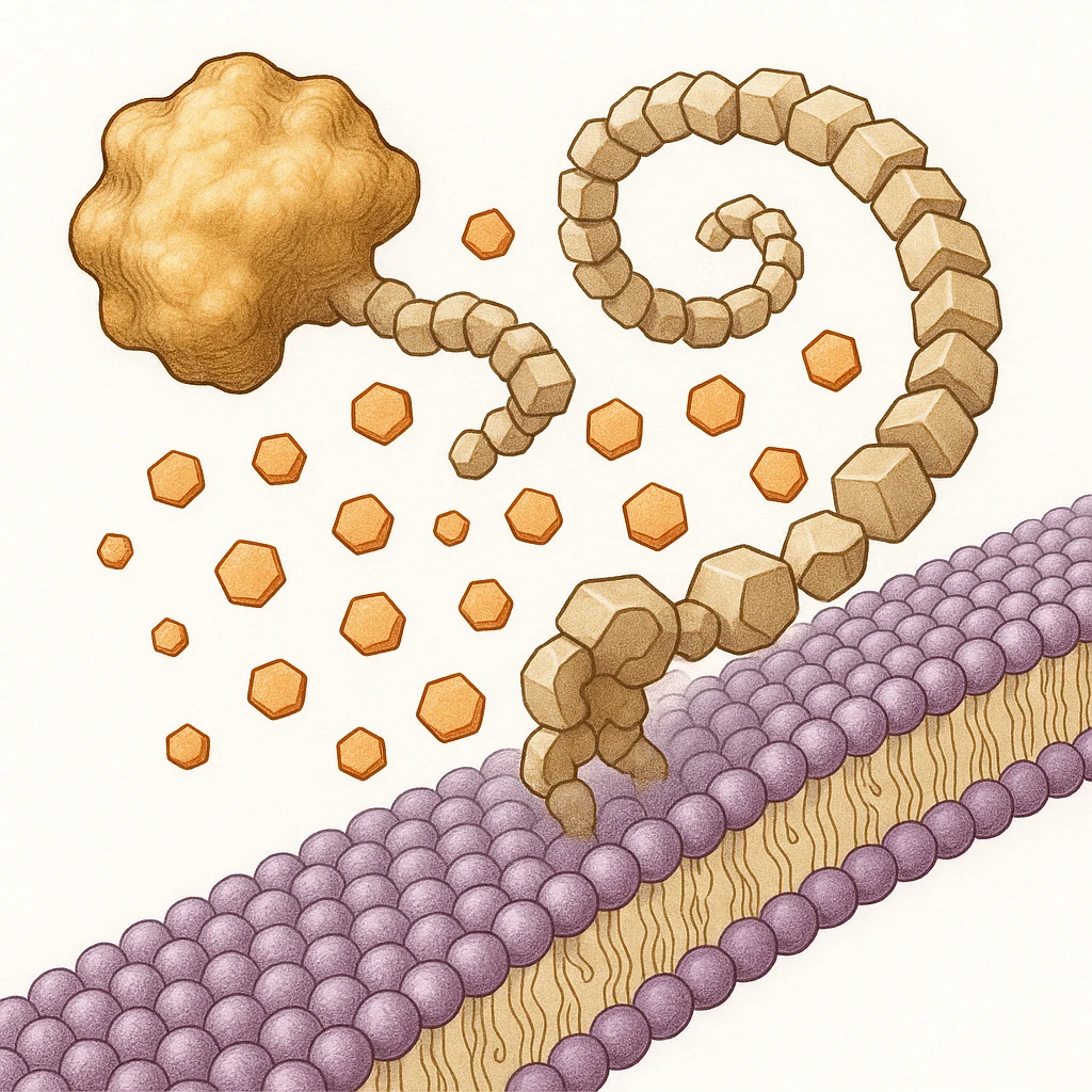 Ultra-detailed illustration of enzyme digestion: amylase breaking starch into sugars near a cell membrane. Clean white background, no text. Scientific but simple emoji
