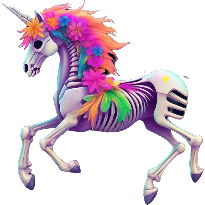Neon Zombie Pegasus unicorn skeleton psychedelic flowers floral groovy art neon rave raving emoji