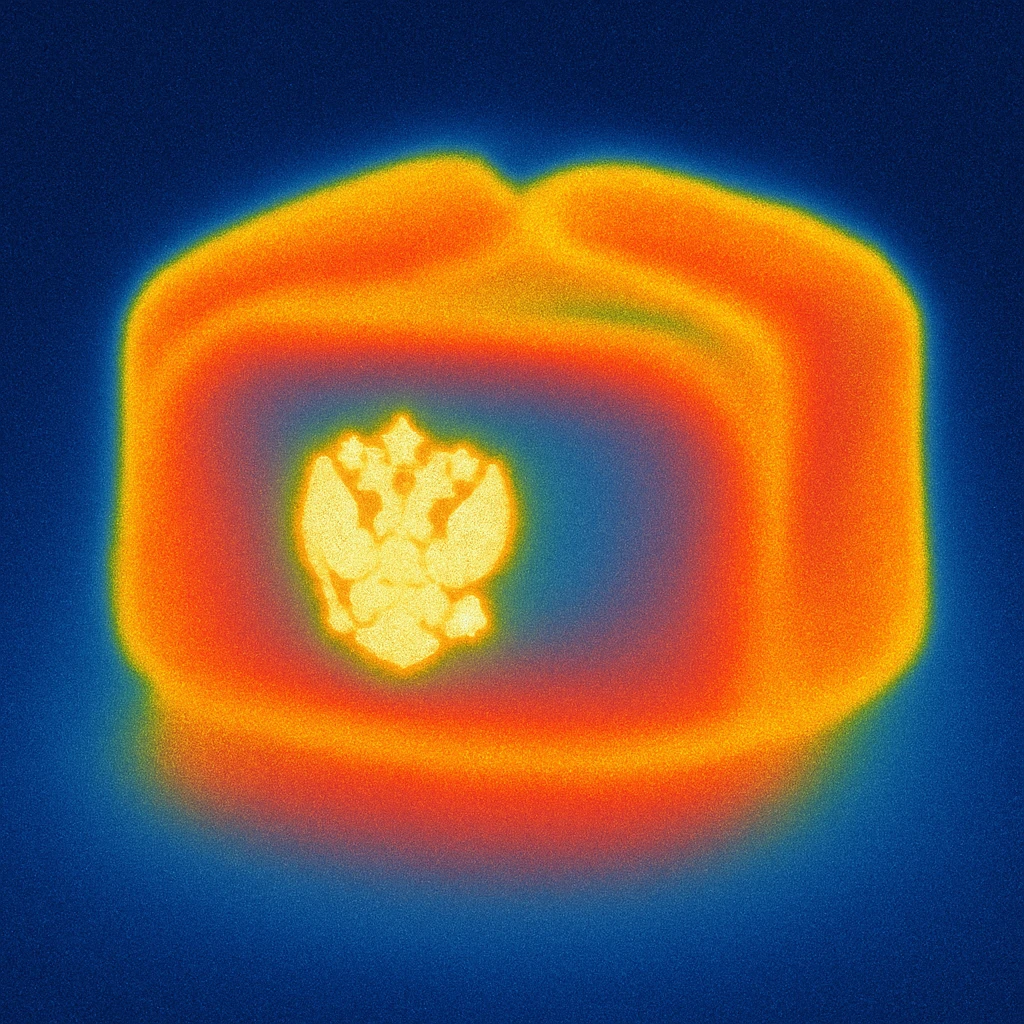 Russian ushanka hat with the emblem of Russia in thermal camera style with a background emoji