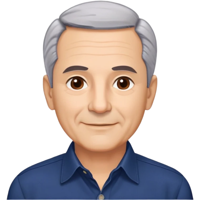 Respected Puerto Rican actor in his 60s, fair skin, round face with broad cheekbones, lively brown eyes, thick eyebrows, straight nose, short gray hair combed to the side with receding hairline, clean-shaven, friendly smile, wearing navy blue button-up shirt emoji