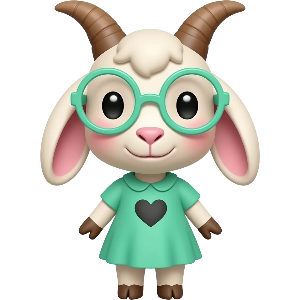 a cartoon goat with mint green round glasses and a green dress with a black heart on it and rosy cheeks, and brownish-pink horns, and some ears that hang of the side emoji