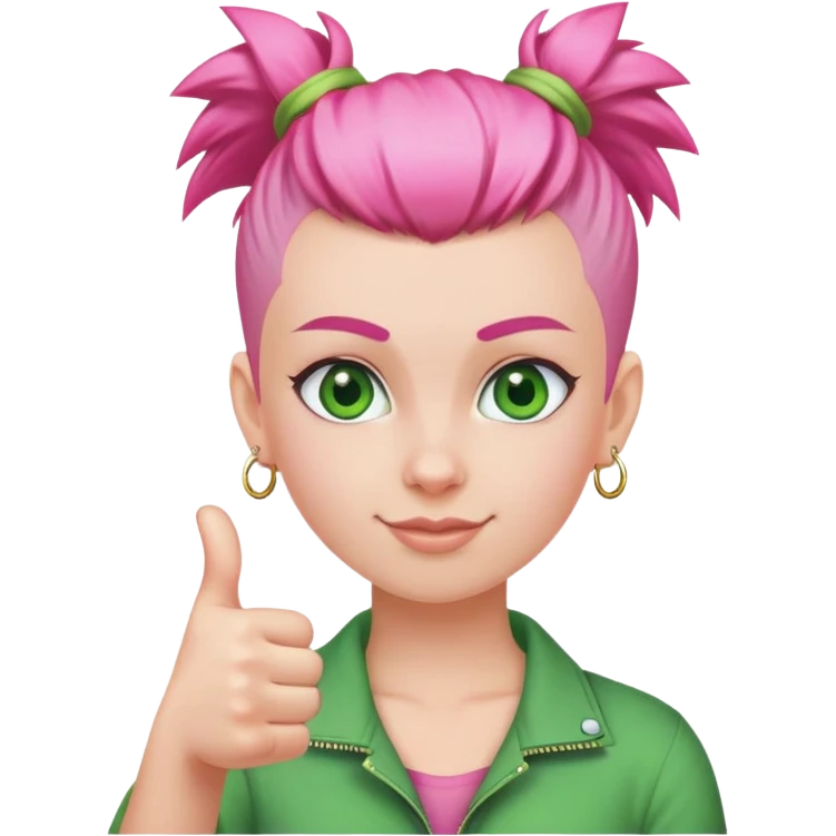 girl with pink topknot mohawk haircut, green eyes, thumbs up emoji