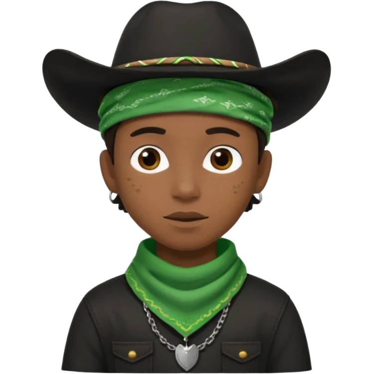 Black boy in black top wearing a black cowboy hat with green bandana around his neck emoji