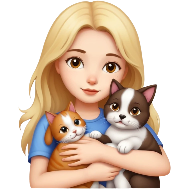 Beautiful girl hugs a cat and a dog tightly emoji