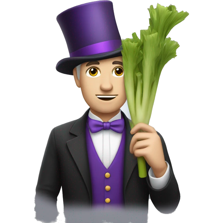 White man wearing a Top Hat with a purple band holding a leek emoji