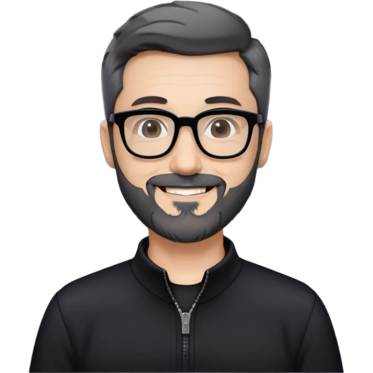 Fair-skinned man with short black hair styled upward, short graying beard, large black-framed glasses, smiling, wearing black long sleeve shirt with zip at neck emoji