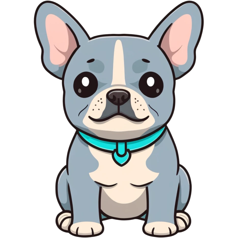 Grey French bulldog with turquoise collar sitting facing forward emoji