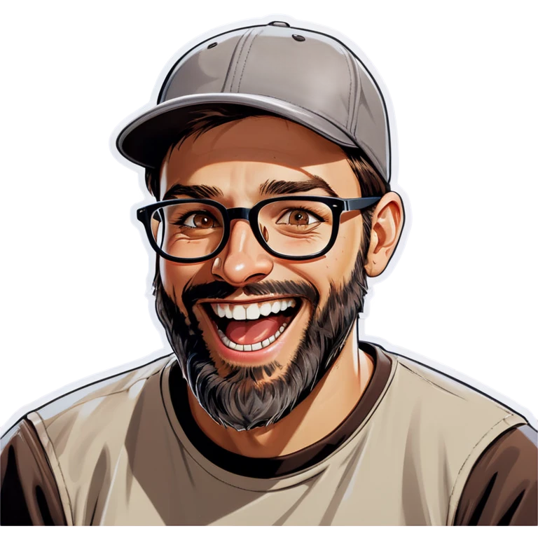 A man with a grey baseball cap, hazel eyes, big dark brown beard and glasses, laughing emoji