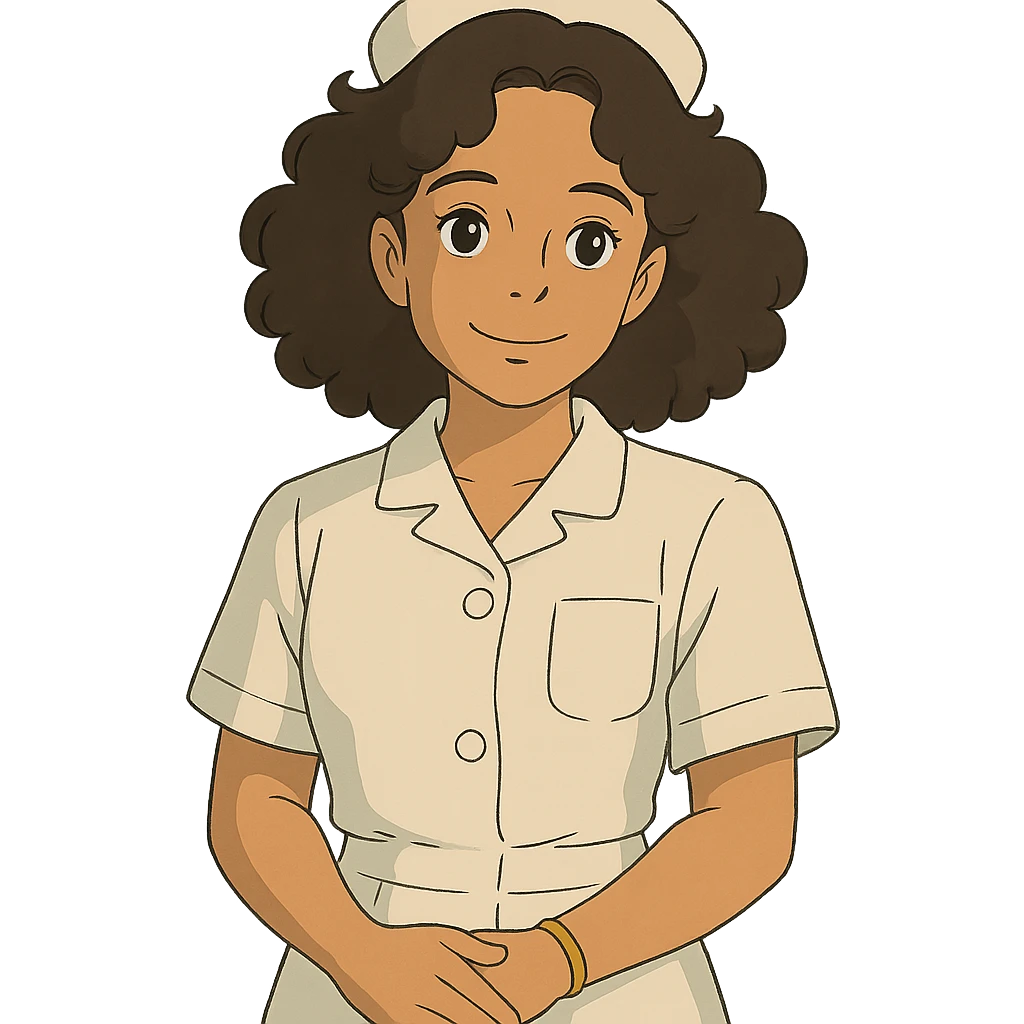ghibli style Latina nurse with curly hair, gentle smile, nurse uniform emoji