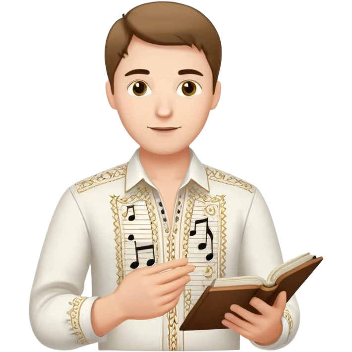 A guy in a white Ukrainian embroidered shirt holds musical notes in his hand emoji