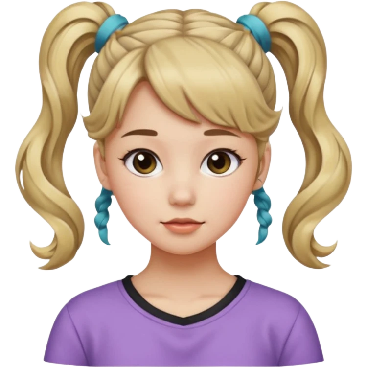 Teenage girl, wearing a cute and aesthetic outfit, with her hair tied up in a high ponytail, and with side bangs also front bangs, her hair wavy emoji