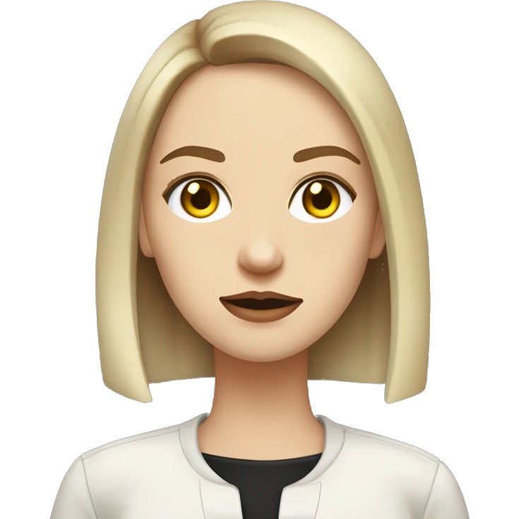 Slavic woman with blue eyes, fair skin, straight gradient brown hair with yellow streaks, medium bob cut, goth eyes makeup, beige lips, dressed in white T-shirt and office black jacket. emoji