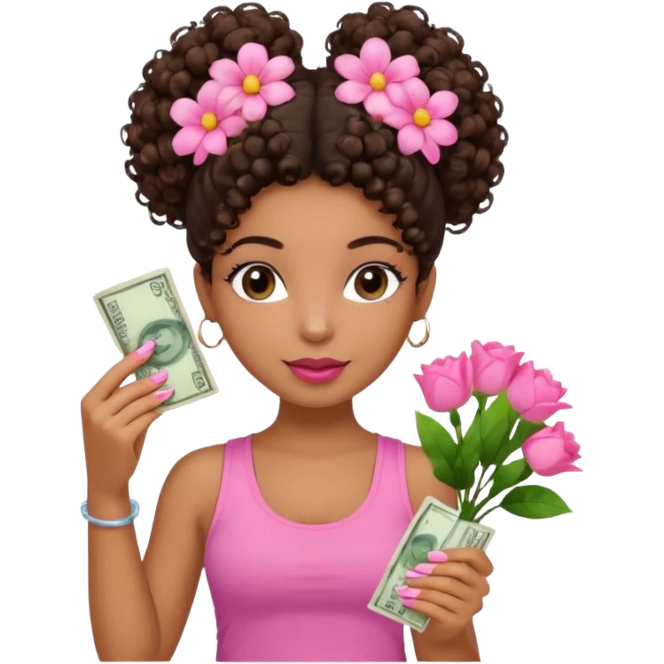 Uma menina com o cabelo cacheado com um Coque com baby hair, morena, e com uma regata rosa com um gloss na frente da regata ,com unha em gel,e com dinheiro na mão ,e com flores na outra mão,  emoji