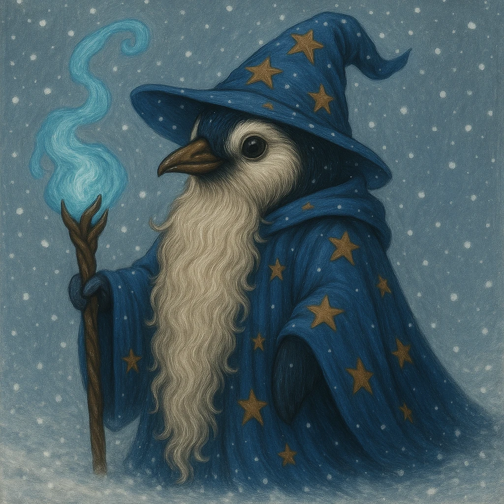Add falling snowflakes to the scene with the fantasy penguin wizard and snowy background, keeping the detailed illustration style. emoji