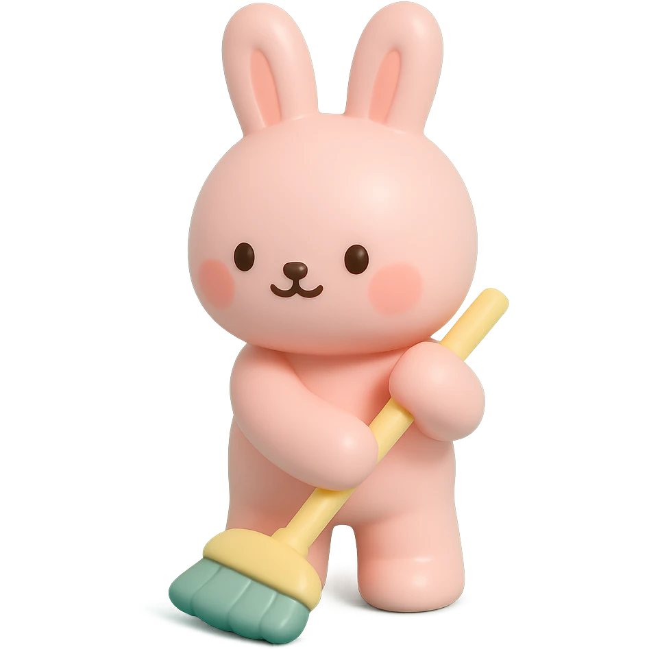 rosy bunny sweeping floor with broom, vinyl figure style emoji