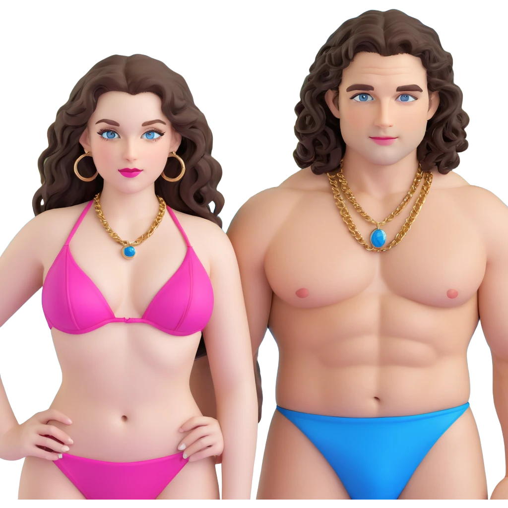 attractive couple on beach at sunset, orange and pink sky, ocean waves, curvier woman with fuller figure, big blue-grey eyes, long lashes, pale skin, pink lips, long voluminous dark brown curls, gold hoop earrings, tiny string bikini on her plumper body, next to handsome man with intense blue-grey eyes, chiseled features, pale skin, confident smirk, dark brown styled hair, gold chain, minimalist swimwear, both standing together romantically emoji