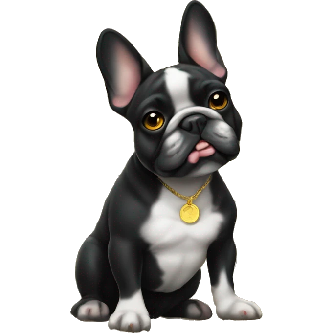 Black-and-tan French bulldog sitting on gold coins emoji