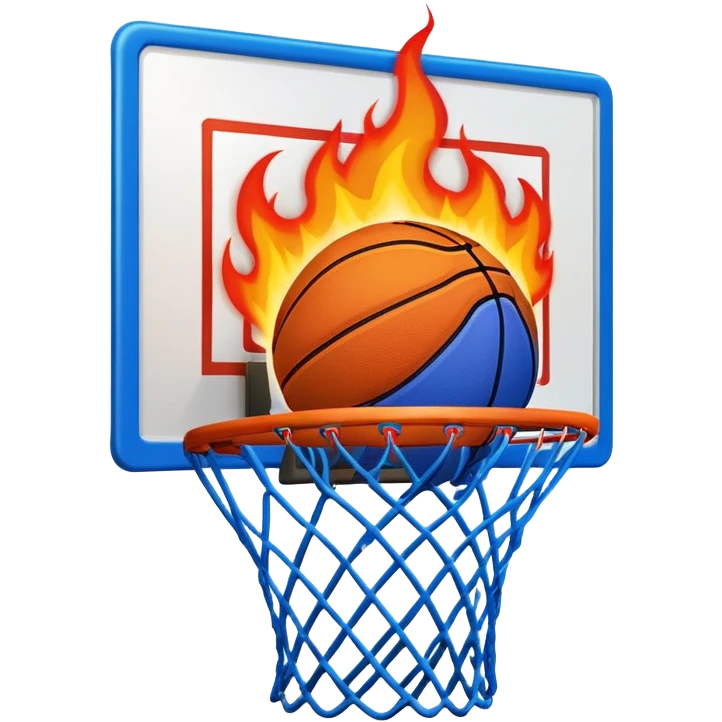 Blue basketball with flames effect passing through net, dramatic sports moment, iOS emoji style emoji
