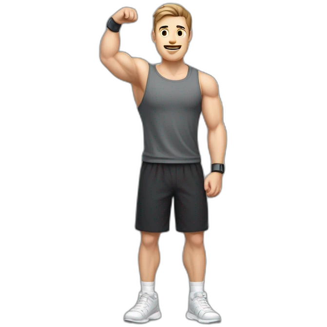 Full height Actively gesturing with hands Pale skinned Fit Man With the biceps and brown hair in dark gray Sleeveless Mike, black oversize sports shorts, watch and white Sneakers emoji