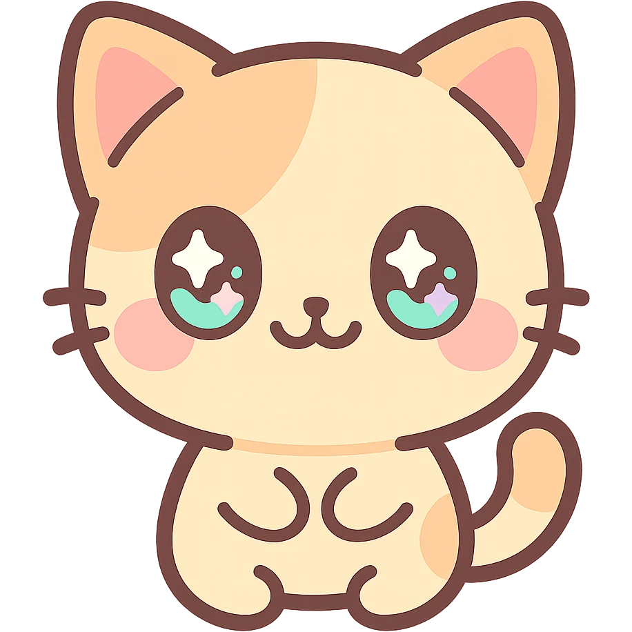 kawaii chibi-style cat emoji with pastel orange and brown cream fur, anime-style happy expression, sparkly eyes, blushing cheeks, pastel color palette, soft rounded design, vector art emoji