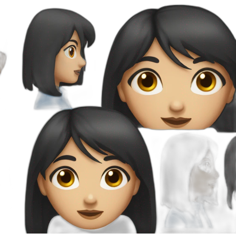 girl with long black hair, thick bangs, blue eyes, red vest and shirt emoji
