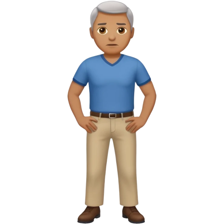 Clothed mature man standing, facing viewer, holding his crotch emoji
