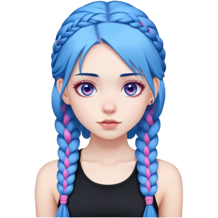 Girl with pale skin, blue hair, in long plaits, with pink eyes and a black crop top  emoji