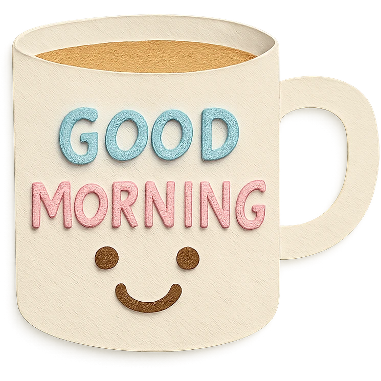 coffee cup with 'Good Morning' pastel handwritten text and smiling face, transparent background emoji