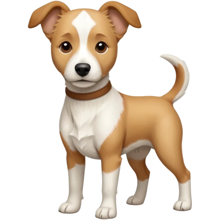 a full body facing front on of a buff white beagle cross jack russell terrier looking dog the size of a kelpie with light brown long ears resting on its face and a light brown patch above one eye and a large snout. the rest of the dog is completely white.  emoji