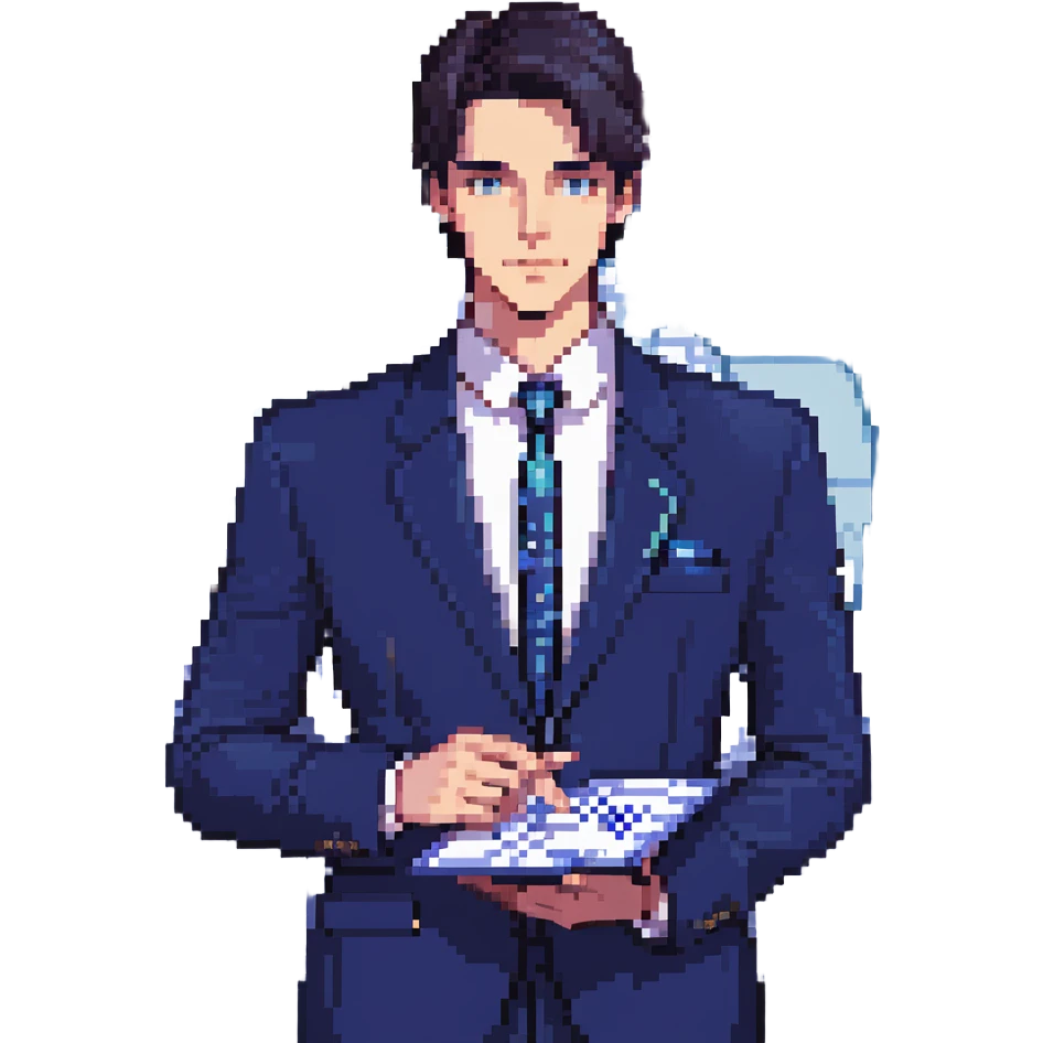 Flat pixel art, focused and confident male strategist, fair skin, short sleek dark hair, intense sharp eyes, wearing a deep indigo suit jacket over a crisp white shirt, holding a futuristic holographic blueprint in one hand, other hand thoughtfully touching chin, waist-up, front-facing emoji