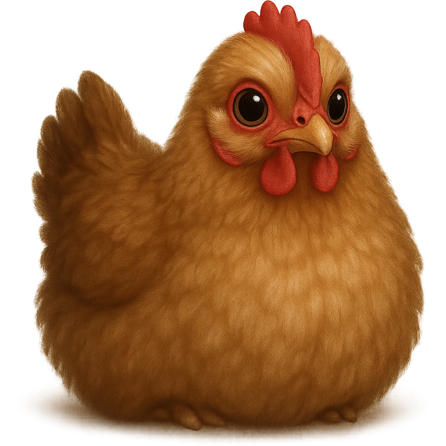 Realistic, fluffy hen, front view, with no background, transparent background. emoji