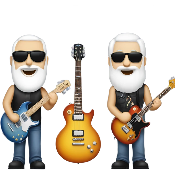 Three white bearded musicians. one on a Gibson Les Paul guitar, one on a Fender Precision bass and one playing drums emoji