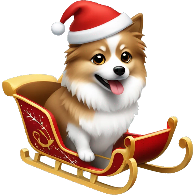Brown and white German spitz wearing a Santa hat and riding a sleigh  emoji