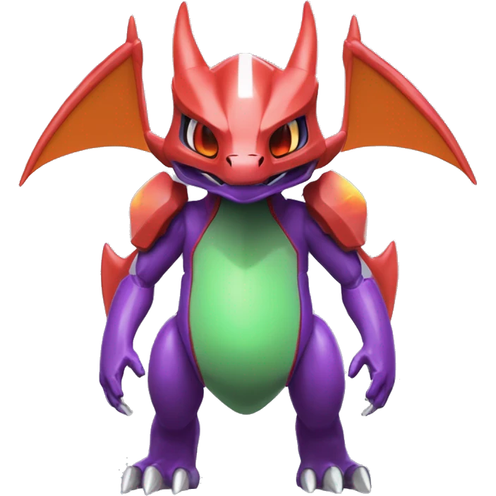 a shiny purple-green-red Genesect-Charizard-Raptor-Fakémon—hybrid with a futuristic visor-helmet full body emoji