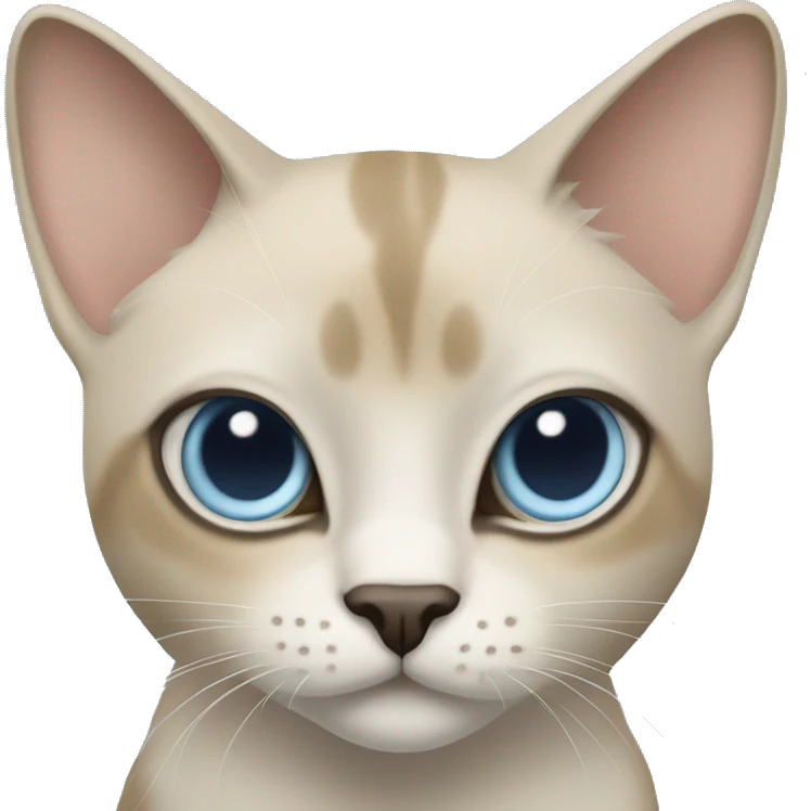 Thai breed adult cat with a light cream-brown body, dark gray nose and face, ears, and paws. sharp ears, and striking light blue eyes  emoji