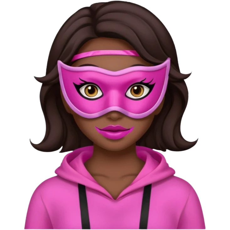 chica de pelo marron oscuro con mascarilla rosa y ropa rosa y makeup emoji