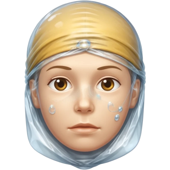 Human head completely wrapped in plastic wrap, air bubbles under surface. emoji