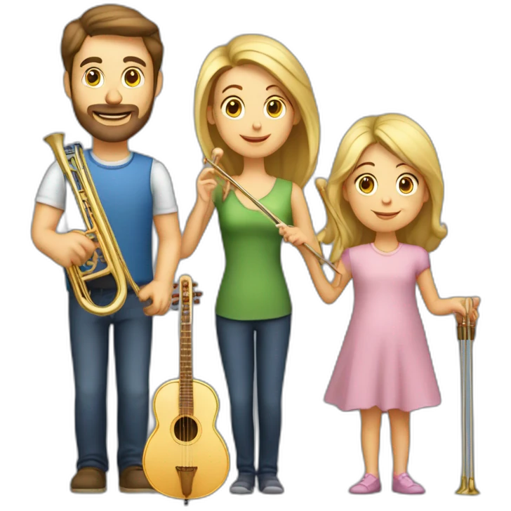 Caucasian family of a man with trombone & a woman with cello and they have a baby girl 1yo emoji