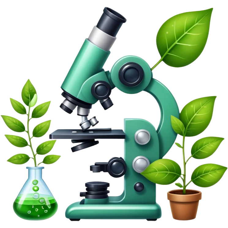 An icon featuring a microscope, a DNA strand, and a plant, symbolizing biology. The design includes animal cells, a leaf, and scientific formulas, representing the study of living organisms and ecosystems. Transparent background highlights biological research and discovery. emoji
