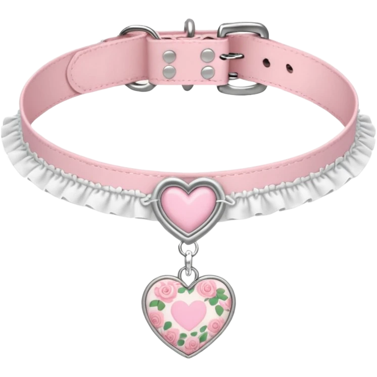 Pastel-baby-rose-pink Lolita-styled aesthetic cute kawaii choker-collar-necklace adorned with with white frills, roses, and heart pattern fabric  emoji