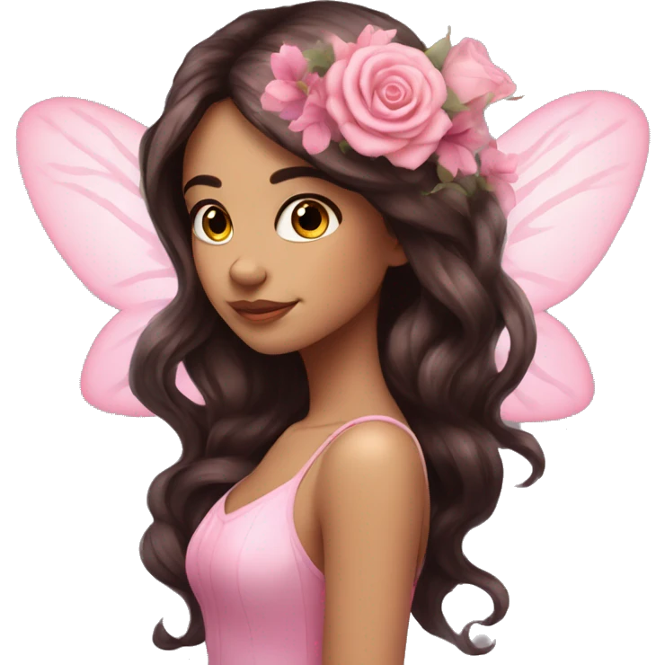 Beautiful, rose, fairy, pink, flowers in hair, long dark brown hair, big wings, fair skin emoji