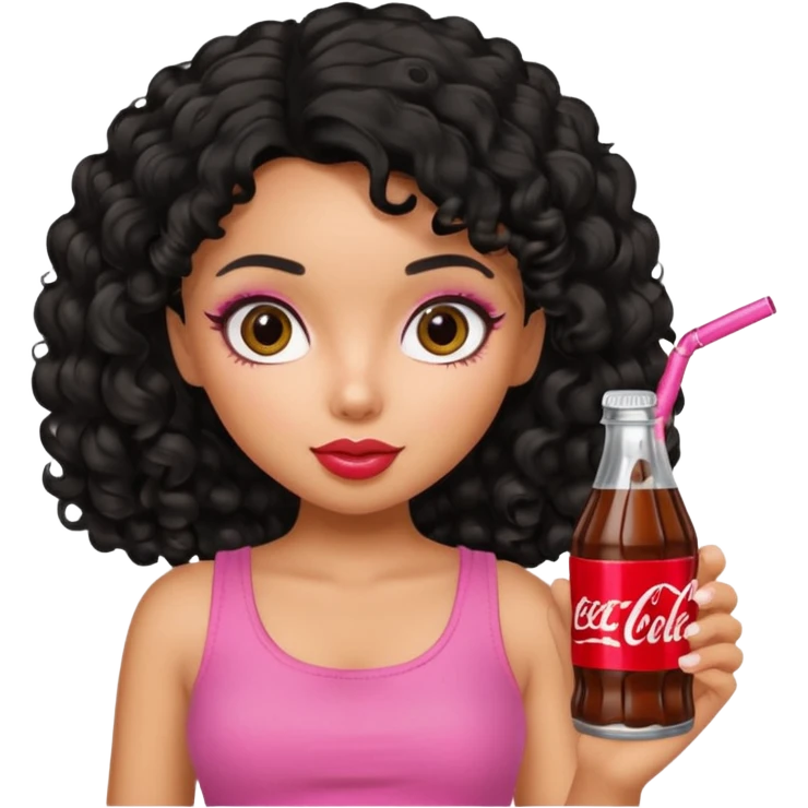 a pretty tan bratz girl with black curly hair drinking coca cola emoji