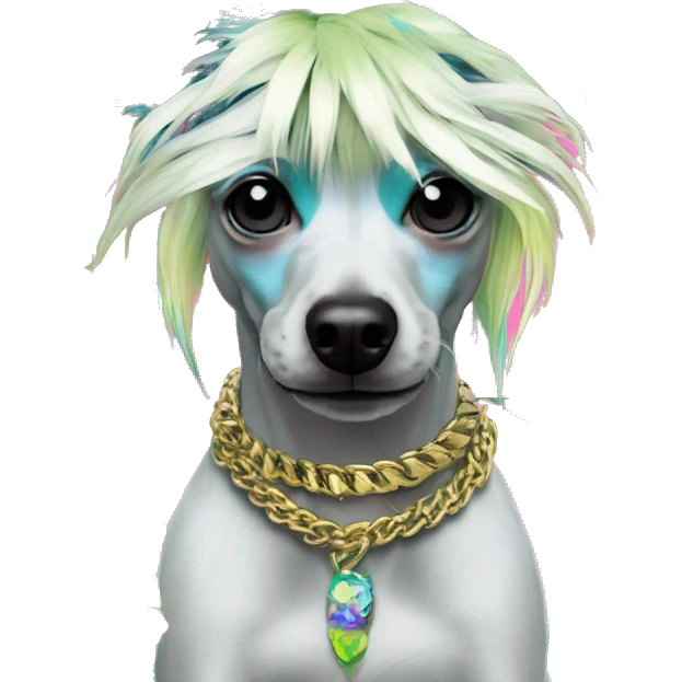 Punk tropical palm leaves flowers Chinese crested dog neon rainbow cyan blue lime green pink hair gold chain punk piercings tattoos punk ear piercings emoji