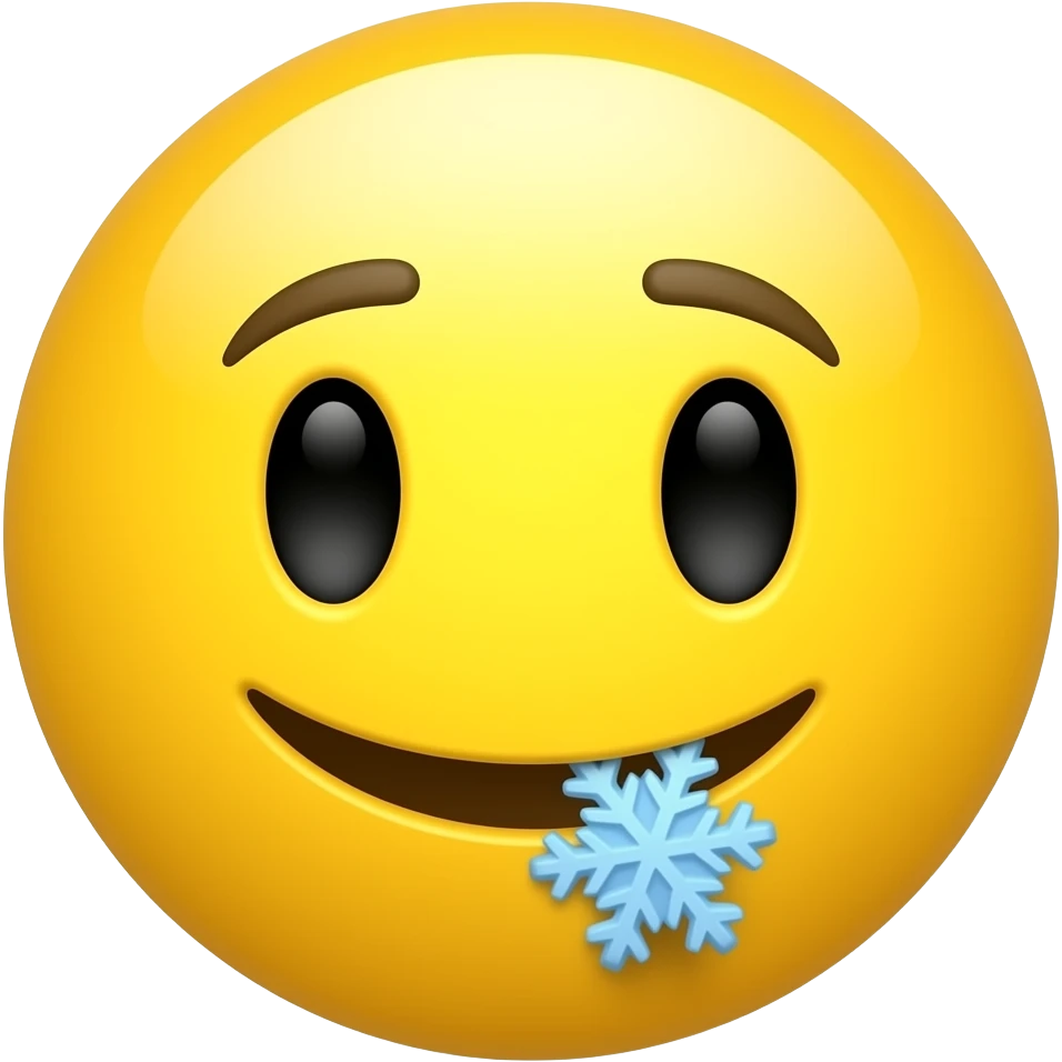 Yellow circle with no eyebrows and nose having snowflake on tounge emoji