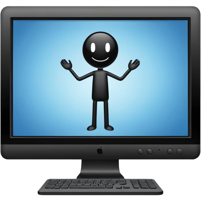 Minimalistic flat vector icon, iOS style, thin black contour on white background. Computer monitor showing a simple stickman character inside a game world. Clean, no text, no shadows emoji