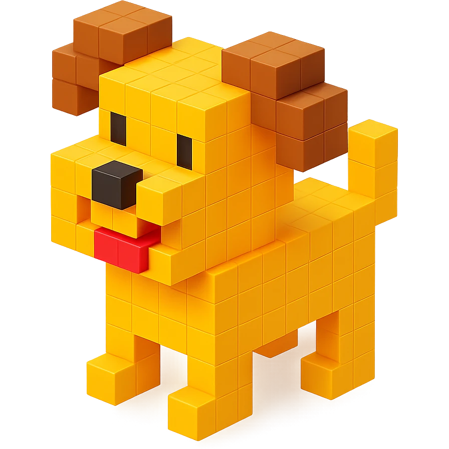 <SystemPrompt>
                <Style>
                  <Name>Voxel Emoji Art</Name>
                  <Description>A playful, isometric voxel style that mimics pixel art in 3D, commonly used for emojis, UI icons, and symbols. Rendered with bright, vibrant colors and no shadows.</Description>
                  <VisualRules>
                    <Geometry>
                      <BaseUnit>Cube</BaseUnit>
                      <GridAlignment>Isometric</GridAlignment>
                      <VoxelSize>Consistent</VoxelSize>
                    </Geometry>
                    <Color>
                      <Palette>Vivid and High Saturation</Palette>
                      <Gradient>Allowed on faces for subtle lighting</Gradient>
                    </Color>
                    <Lighting>
                      <Style>Soft studio lighting</Style>
                      <Shadows>Subtle ambient shadows</Shadows>
                    </Lighting>
                    <Detailing>
                      <Outline>None</Outline>
                      <Texture>Flat color (no texture noise)</Texture>
                      <Effects>None</Effects>
                    </Detailing>
                  </VisualRules>
                </Style>
                <Generation>
                  <PromptTemplate>
                    <![CDATA[
                      Render a voxel-style 3D illustration of a {subject}, using bright colors and blocky pixelated geometry. The object should appear playful and clean, similar to emoji aesthetics, with no shadows and no outlines. Lighting should enhance the 3D depth without harsh contrast.
                    ]]>
                  </PromptTemplate>
                </Generation>
              </SystemPrompt>
              {subject} = dog emoji