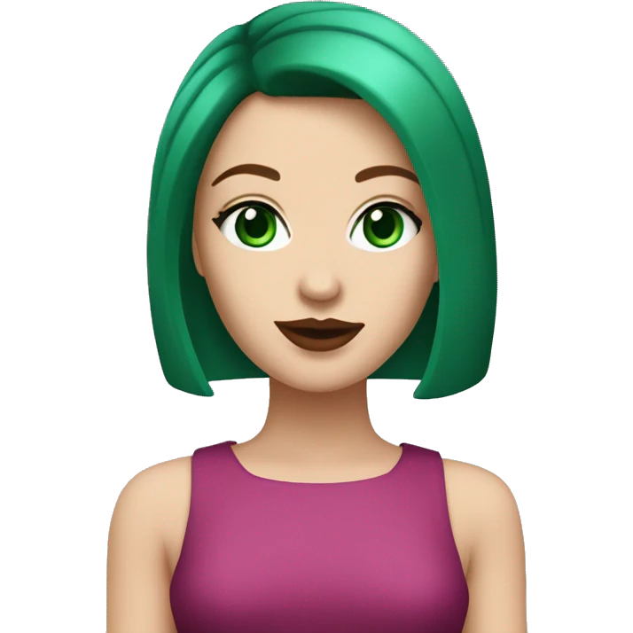 A fair skinned white girl with a dark red bob haircut wearing pink lipstick and has emerald green eyes emoji