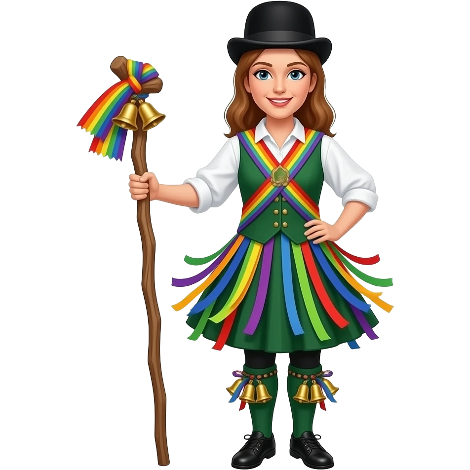 Female Border Morris dancer with 3-foot stick in hand and christmas bells on shins only with rainbow tatters coming off her waist and vest and black bowler hat emoji